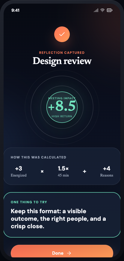 Meeting Pulse result showing an explainable impact score of plus 8.5